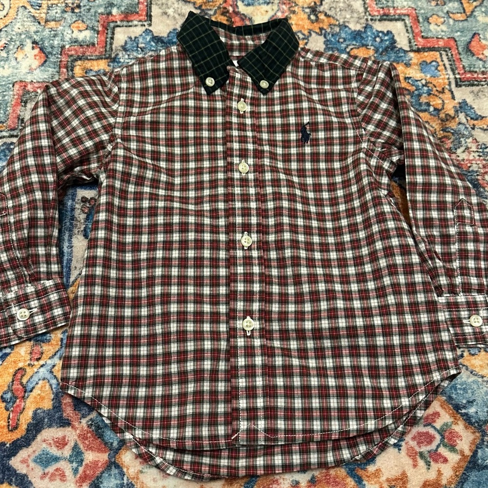 Ralph Lauren Red Plaid Kids Shirt with Black Collar